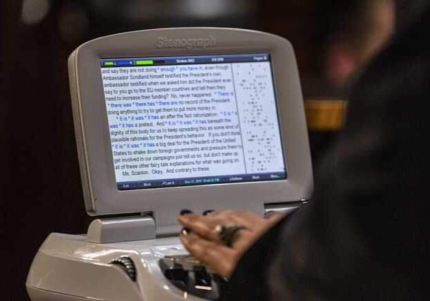 A court stenographer records testimony in 2019. California’s court reporter shortage has left millions of civil proceedings without an official transcript.